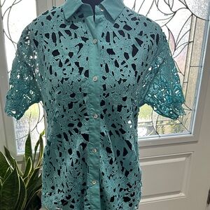 Chic Teal Lace Short Sleeve Blouse